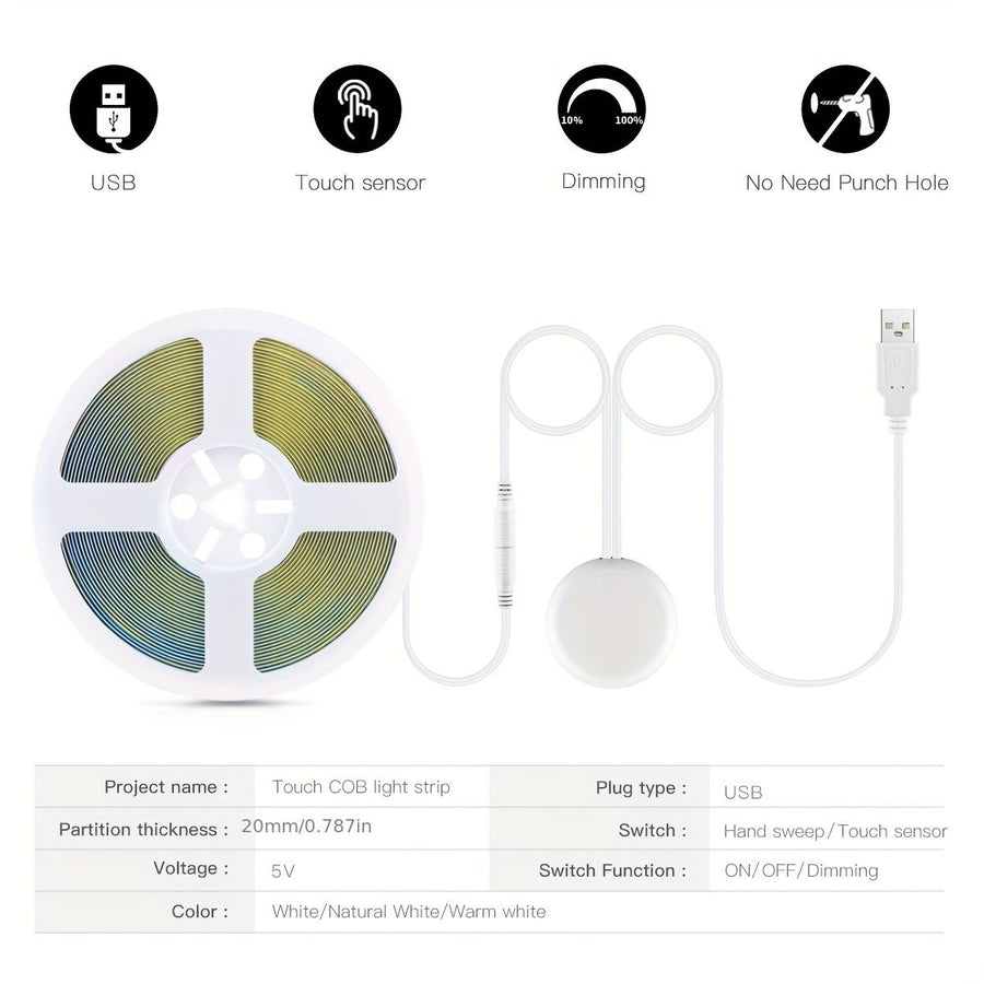 5V COB LED Strip Light with Hand-Sweep Motion Sensor And Touch Dimming Switch, Ideal for Bedroom And Kitchen Illumination 2 Meters Cold White
