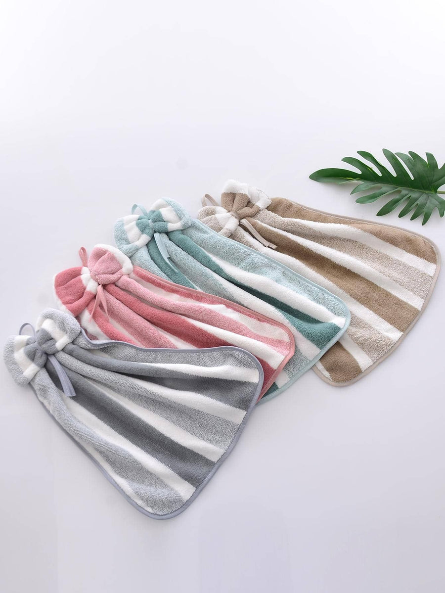 3pcs Pack Coral Fleece Creative Striped Bow Soft Absorbent Hand Towels With Hanging Loop Dish Cloths Kitchen Towel