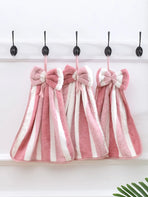 3pcs Pack Coral Fleece Creative Striped Bow Soft Absorbent Hand Towels With Hanging Loop Dish Cloths Kitchen Towel