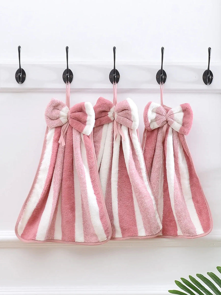 3pcs Pack Coral Fleece Creative Striped Bow Soft Absorbent Hand Towels With Hanging Loop Dish Cloths Kitchen Towel