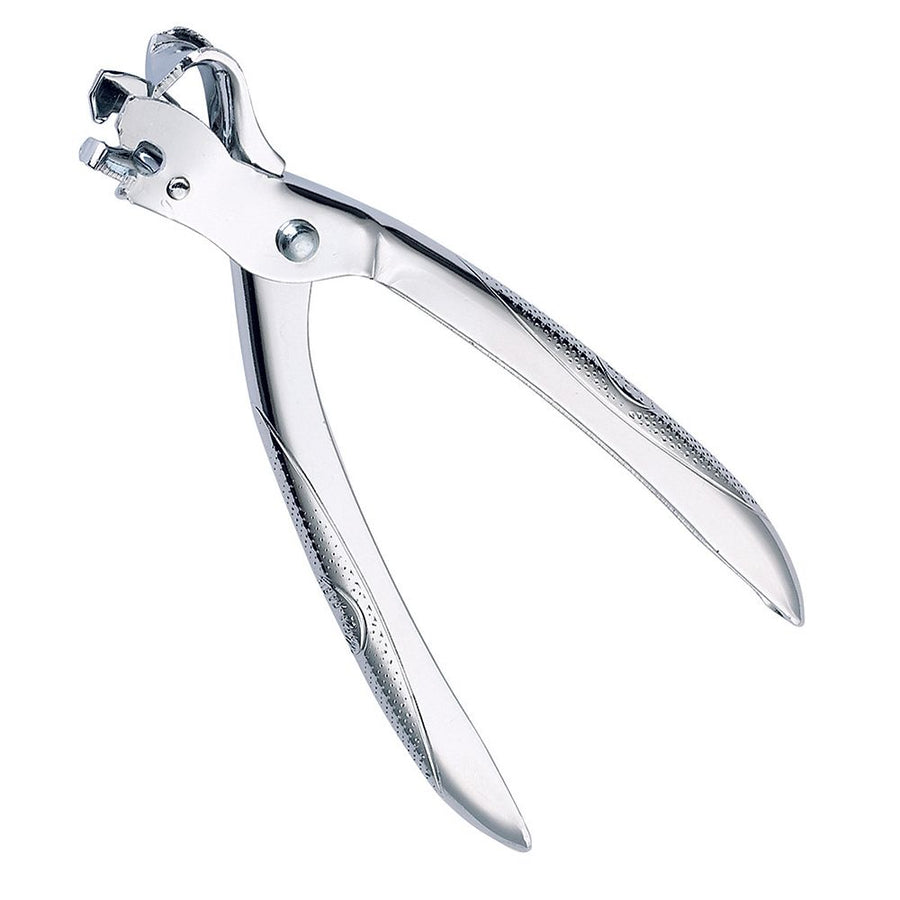 Chrome-plated steel can opener with a pliers-like design for quick and easy opening.