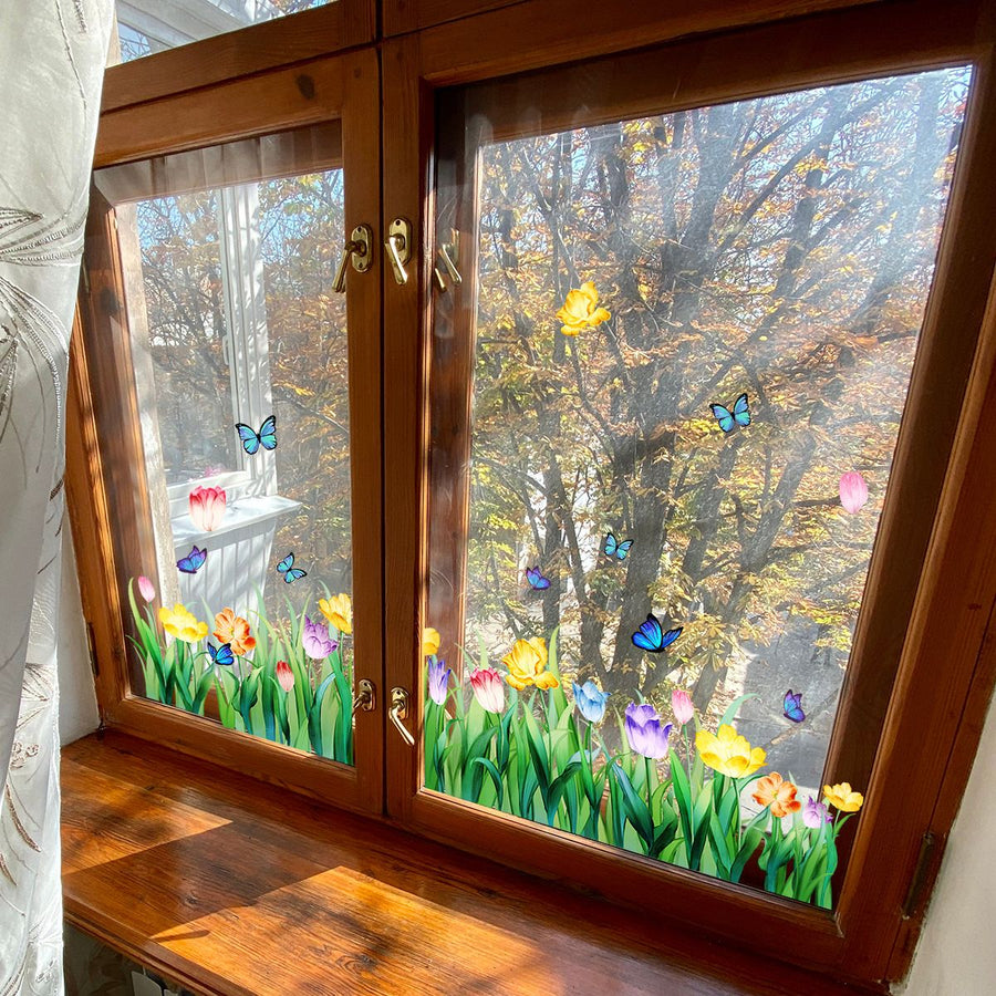 Spring Window Clings Flower Window Stickers Decorations for Glass Windows, Easter Tulip Butterfly Flower Window Decals