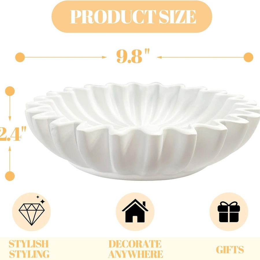 White Bowl Decor Fluted Ruffle Decorative Modern Resin Design Perfect for Living Room Office Coffee Table Bookshelf Desktop