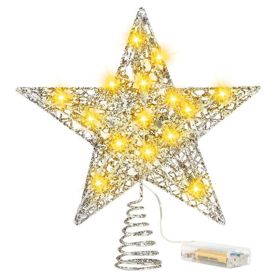 Gold Christmas Tree Lighted Wire Topper with 20 LED Lights, 20cm-Lighted Tree Shiny Treetop Christmas Tree Decoration
