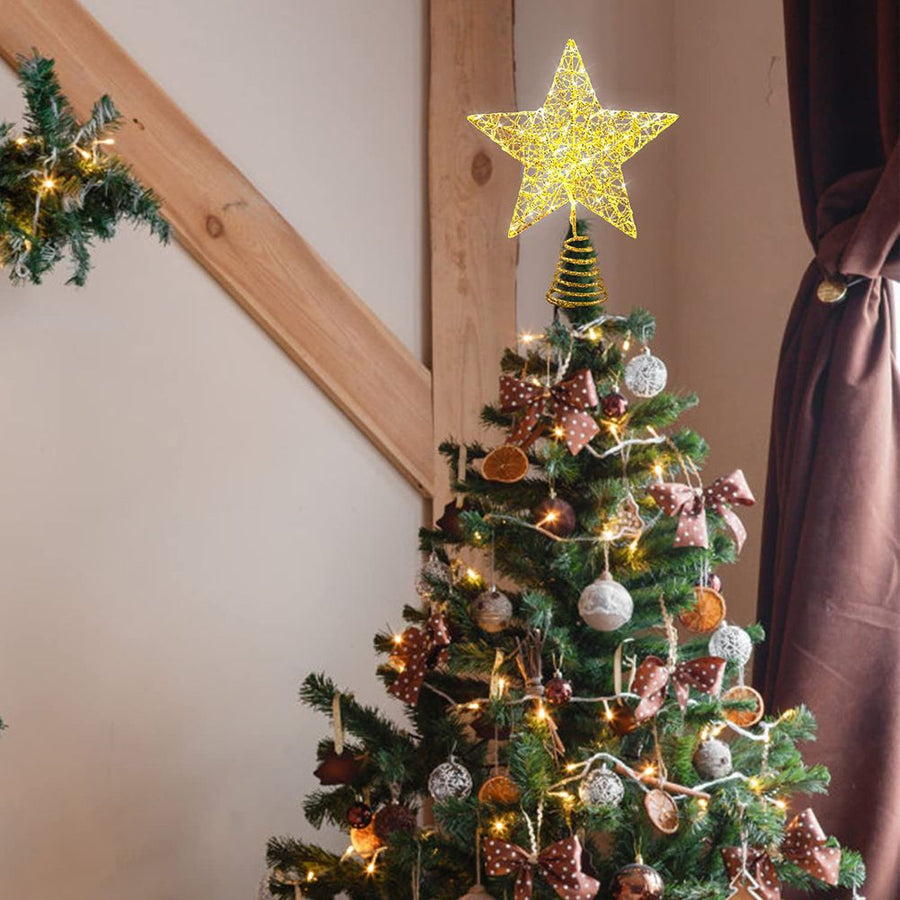 Gold Christmas Tree Lighted Wire Topper with 20 LED Lights, 20cm-Lighted Tree Shiny Treetop Christmas Tree Decoration