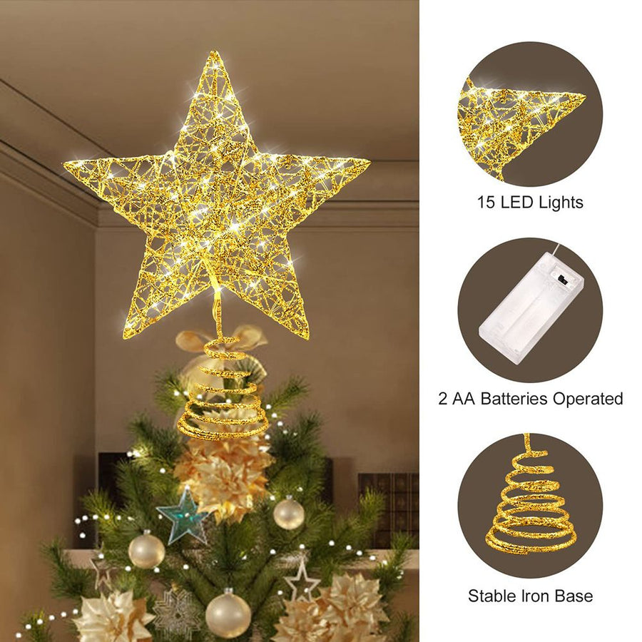 Gold Christmas Tree Lighted Wire Topper with 20 LED Lights, 20cm-Lighted Tree Shiny Treetop Christmas Tree Decoration