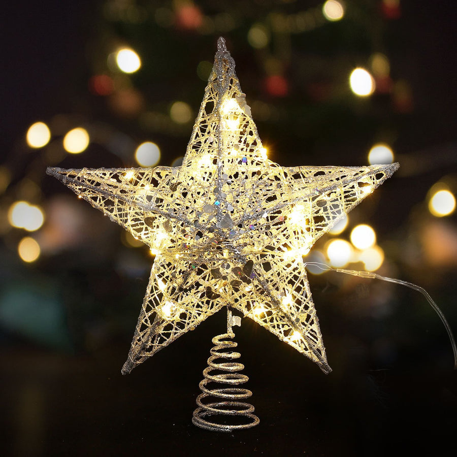 Gold Christmas Tree Lighted Wire Topper with 20 LED Lights, 20cm-Lighted Tree Shiny Treetop Christmas Tree Decoration