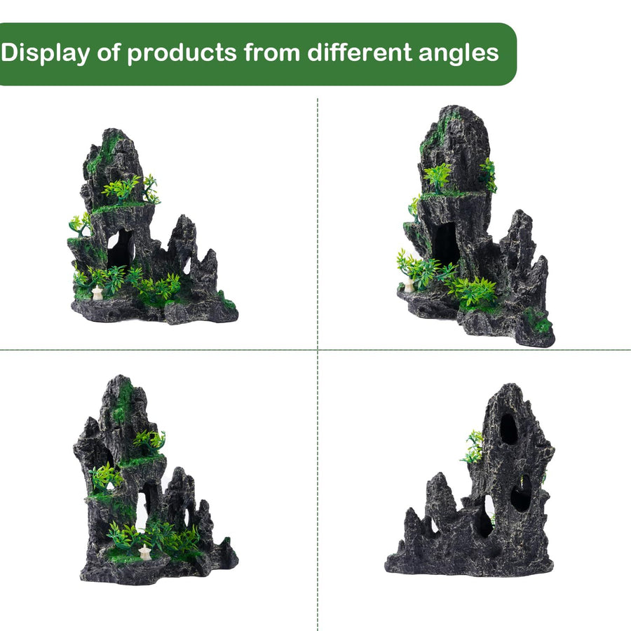 Large Fish Tank Decorations - Mountain View Aquarium Ornament with Tree House Cave Bridge,Shuangfeng