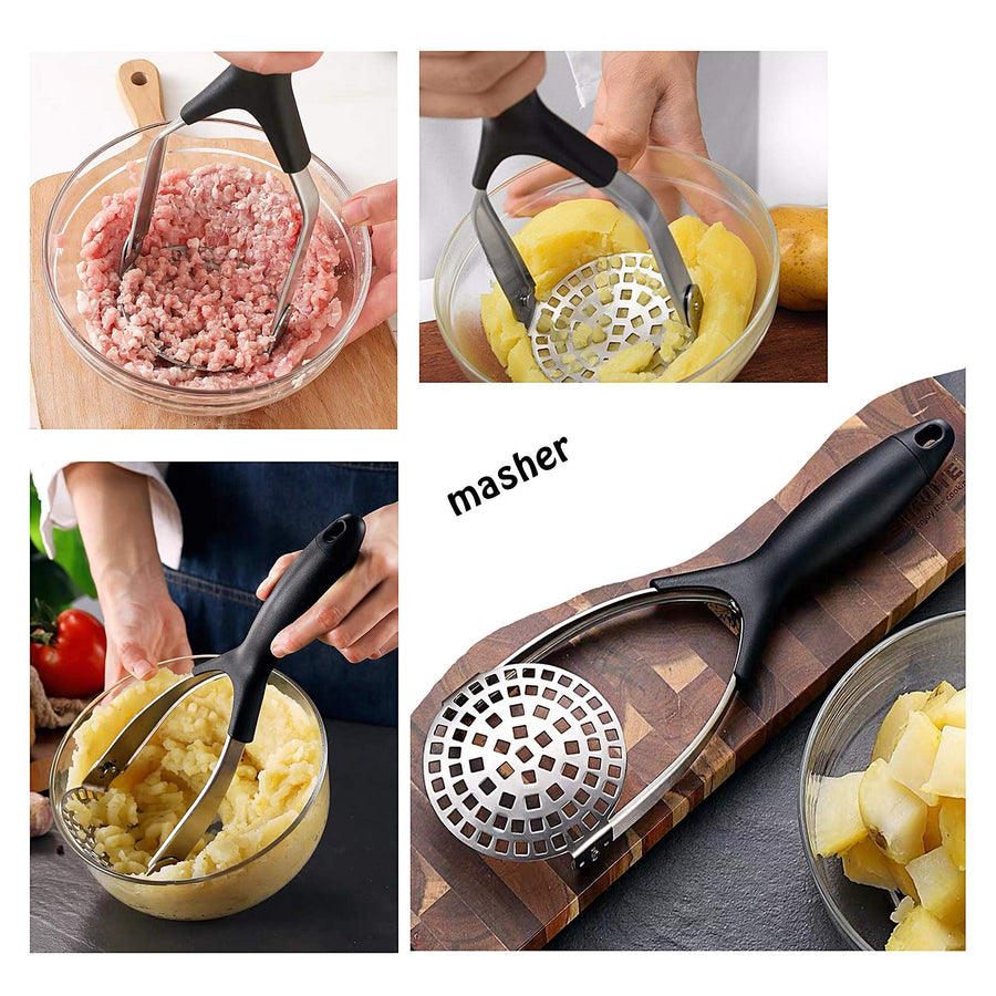 Stainless Steel Potato Masher - Heavy Duty with Garlic Press, Cooking and Kitchen Gadget - Convenient for Making Mashed Potatoes