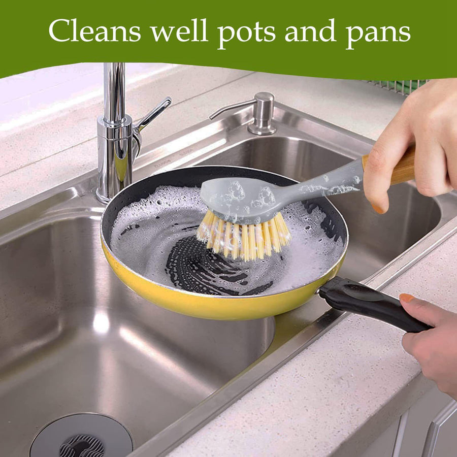 2 Pack Kitchen Dish Brush Bamboo Handle Dish Scrubber Built-in Scraper, Scrub Brush for Pans, Pots, Kitchen Sink Cleaning