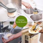 2 Pack Kitchen Dish Brush Bamboo Handle Dish Scrubber Built-in Scraper, Scrub Brush for Pans, Pots, Kitchen Sink Cleaning