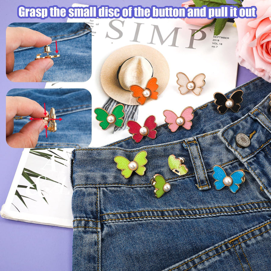 9 Pairs Butterfly Pants Button Tightener, Colorful Adjustable Waist Buckle Detachable Pearls Jeans Button Extender