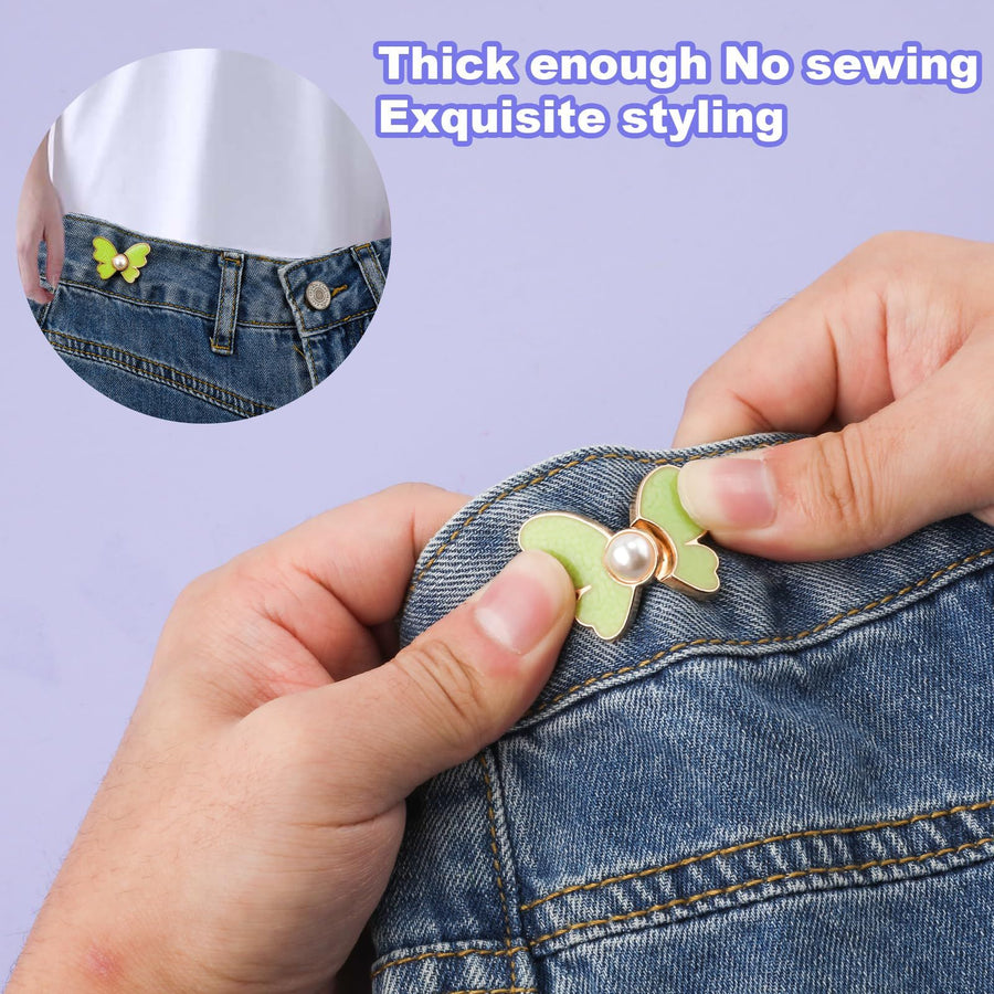 9 Pairs Butterfly Pants Button Tightener, Colorful Adjustable Waist Buckle Detachable Pearls Jeans Button Extender