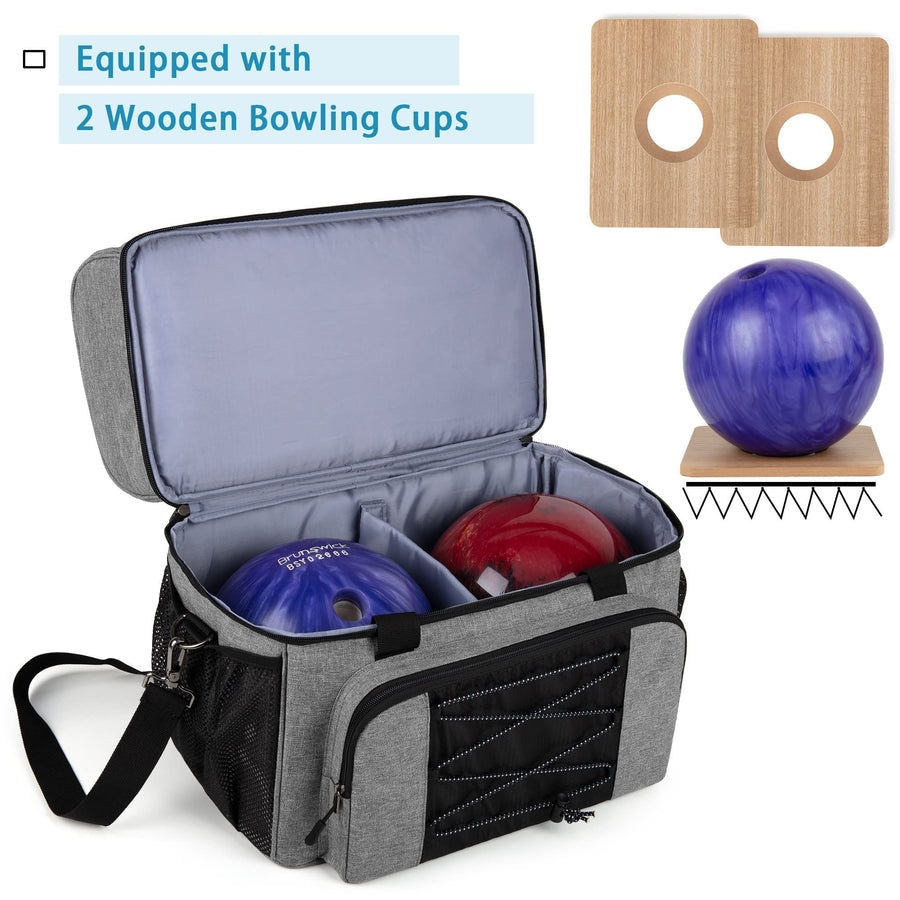 Bowling Bag for 2 Balls, Bowling Tote with Wooden Bowling Cups and Padded Divider for Double Ball and A Pair , Bag Only