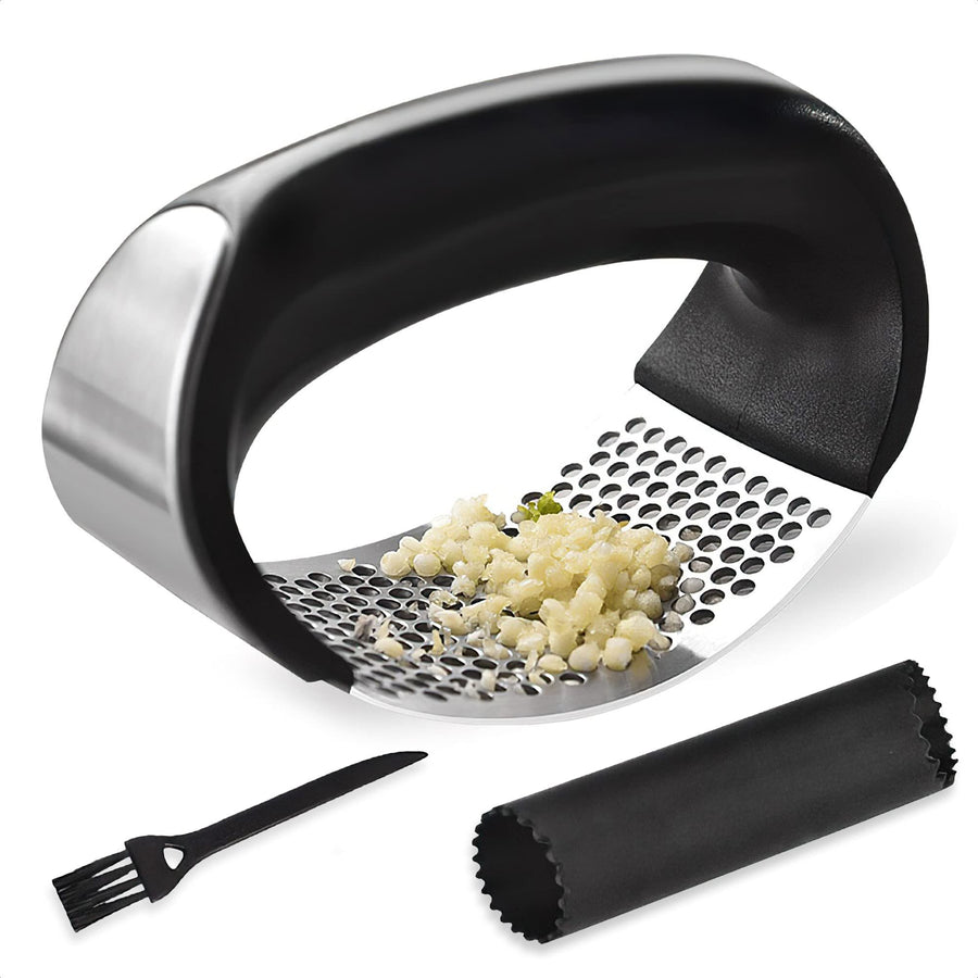3-piece set Garlic Press - Garlic Press Stainless Steel -Garlic Press Rocker - With Free Silicone Garlic Peeler and Cleaning Brush