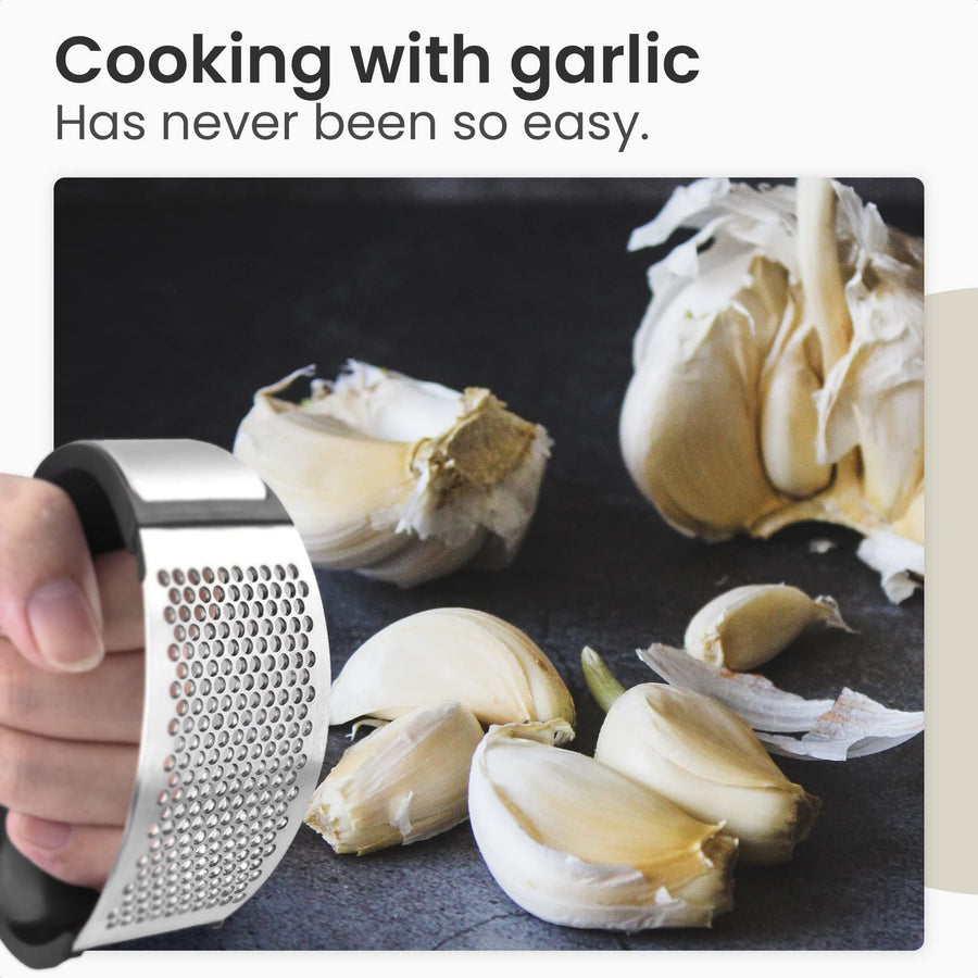 3-piece set Garlic Press - Garlic Press Stainless Steel -Garlic Press Rocker - With Free Silicone Garlic Peeler and Cleaning Brush