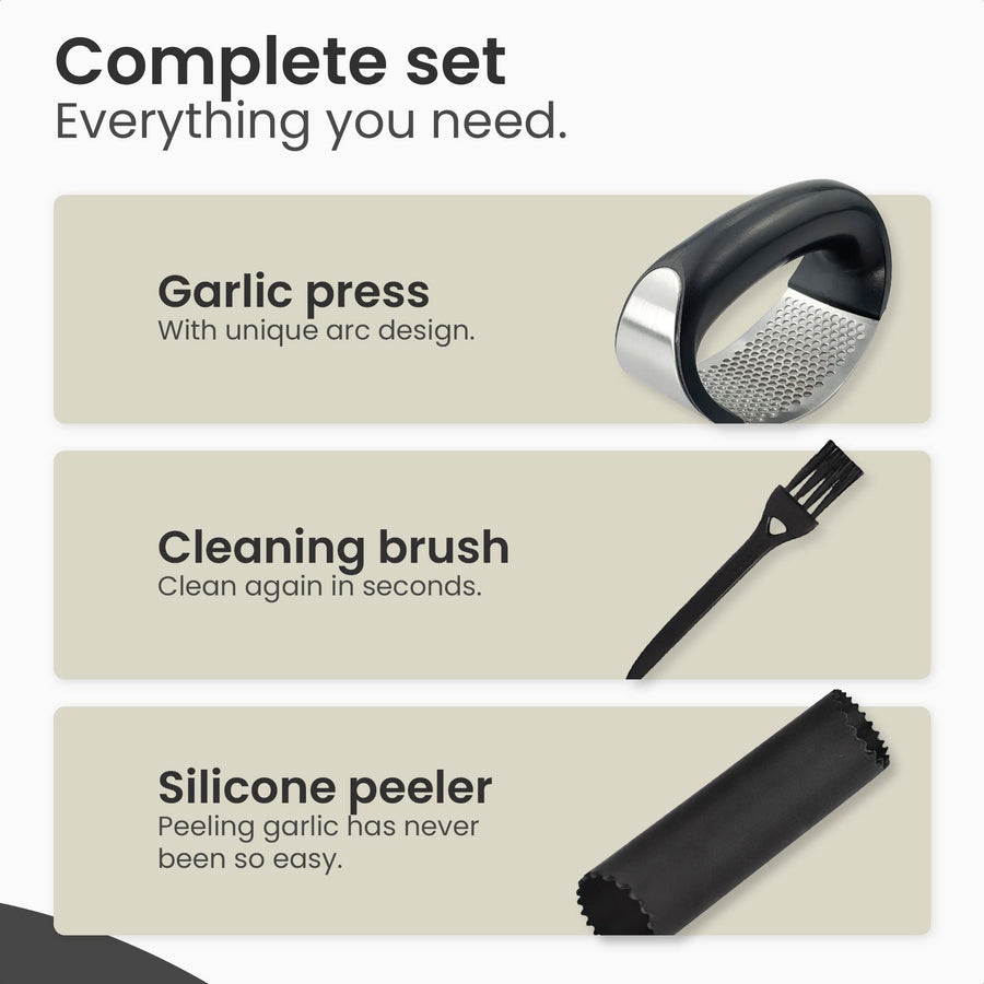 3-piece set Garlic Press - Garlic Press Stainless Steel -Garlic Press Rocker - With Free Silicone Garlic Peeler and Cleaning Brush