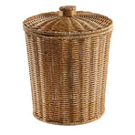 Plastic Woven Storage Baskets with Lid, Round Wicker Waste Paper Basket, Wastebasket Garbage Bin (9.2 x 11 Inch, Light Brown)