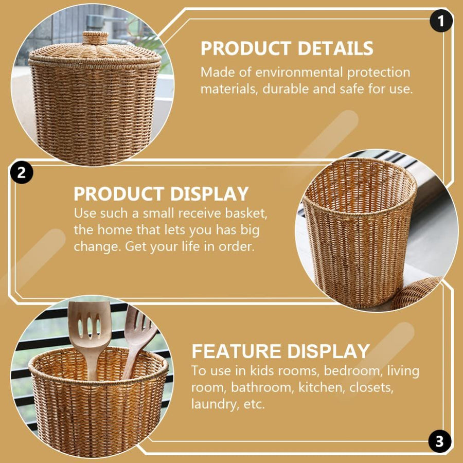 Plastic Woven Storage Baskets with Lid, Round Wicker Waste Paper Basket, Wastebasket Garbage Bin (9.2 x 11 Inch, Light Brown)