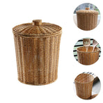 Plastic Woven Storage Baskets with Lid, Round Wicker Waste Paper Basket, Wastebasket Garbage Bin (9.2 x 11 Inch, Light Brown)