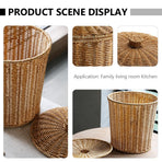 Plastic Woven Storage Baskets with Lid, Round Wicker Waste Paper Basket, Wastebasket Garbage Bin (9.2 x 11 Inch, Light Brown)