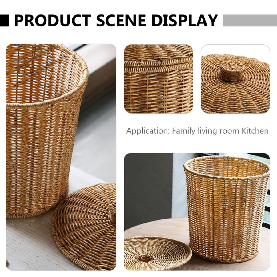 Plastic Woven Storage Baskets with Lid, Round Wicker Waste Paper Basket, Wastebasket Garbage Bin (9.2 x 11 Inch, Light Brown)