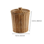 Plastic Woven Storage Baskets with Lid, Round Wicker Waste Paper Basket, Wastebasket Garbage Bin (9.2 x 11 Inch, Light Brown)