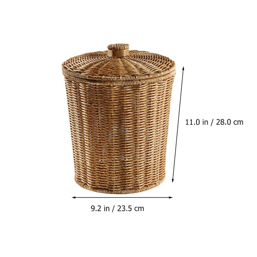 Plastic Woven Storage Baskets with Lid, Round Wicker Waste Paper Basket, Wastebasket Garbage Bin (9.2 x 11 Inch, Light Brown)