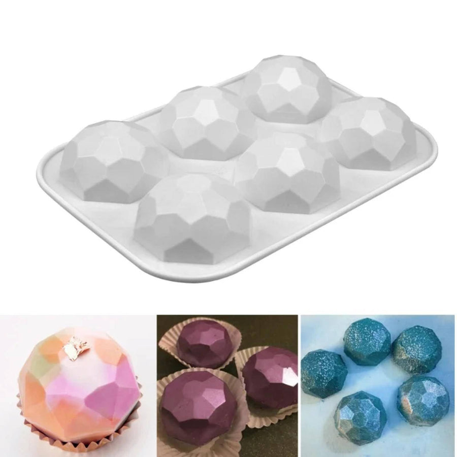 6 Cavity Gem Jewel Silicone Chocolate Baking Mold Geometric Diamond Mousse Cake Ice Cube Mould Soap Candle Making Tool, White