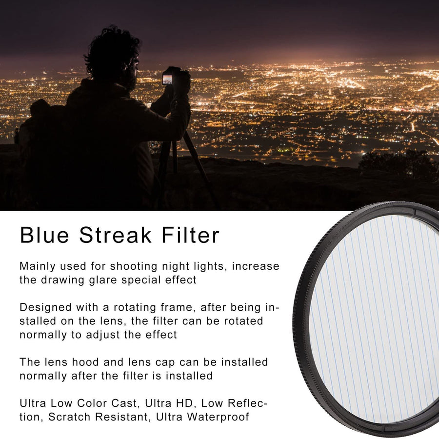 Prism Lens Filter 67mm Starlight Glare Filter Anamorphic Lens Flare Effect Filter Film Props((Blue  Linear Flares)