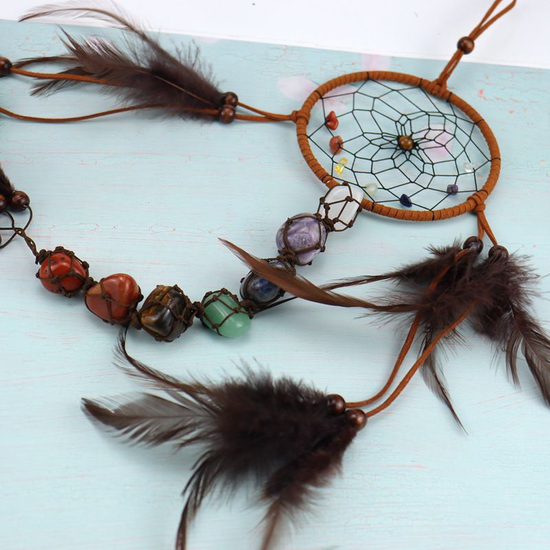 Traditional Native Style BROWN SUEDE Dreamcatcher with Bone Beads & Feathers - 22" Long x 4.3" Diameter