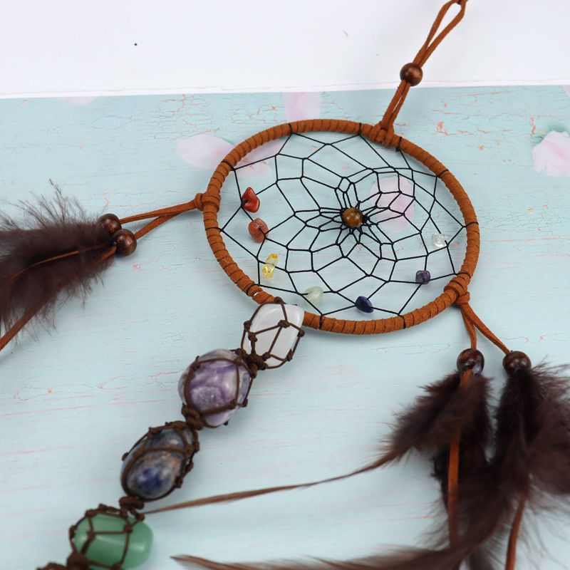 Traditional Native Style BROWN SUEDE Dreamcatcher with Bone Beads & Feathers - 22" Long x 4.3" Diameter