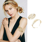 2 pcs Goddess Headband Arm Cuff Bridal Jewelry Set Roman Laurel Leaf Branch Crown Armlet Upper Arm Band Bracelet Adjustable