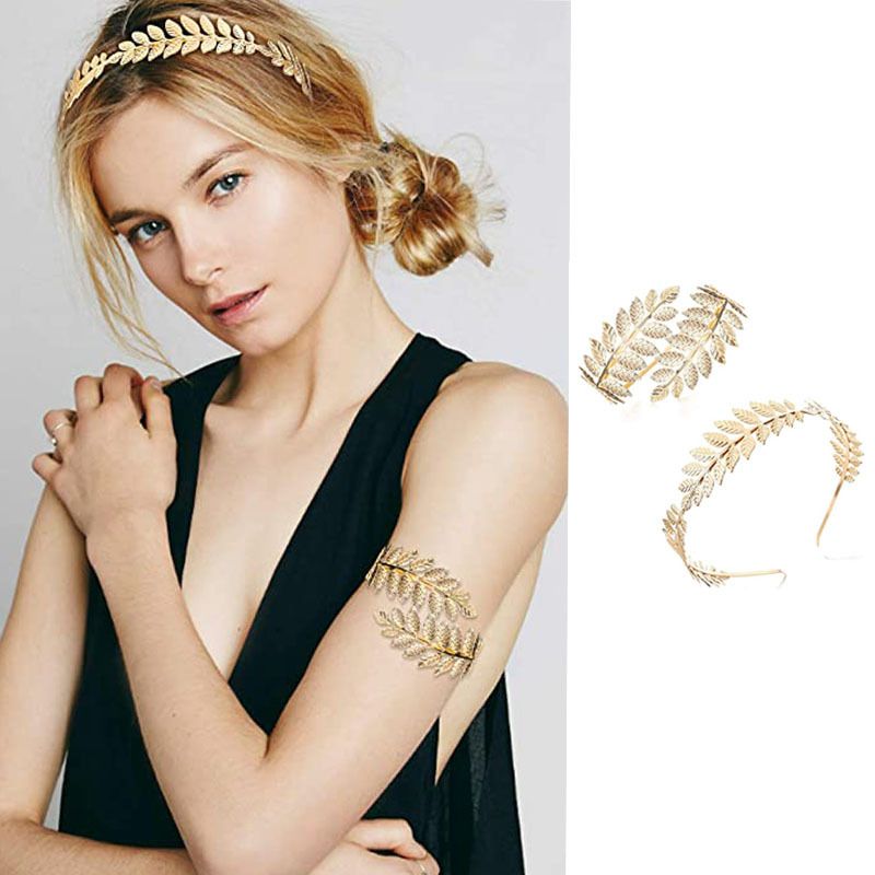 2 pcs Goddess Headband Arm Cuff Bridal Jewelry Set Roman Laurel Leaf Branch Crown Armlet Upper Arm Band Bracelet Adjustable