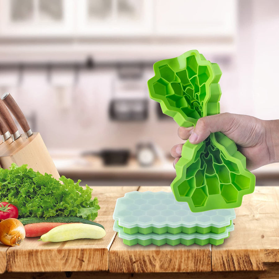 2 PCS Premium Ice Cube Trays, AUSSUA Silicone Ice Cube Molds with Sealing Lid, 74-Ice Trays, Reusable, Safe Hexagonal