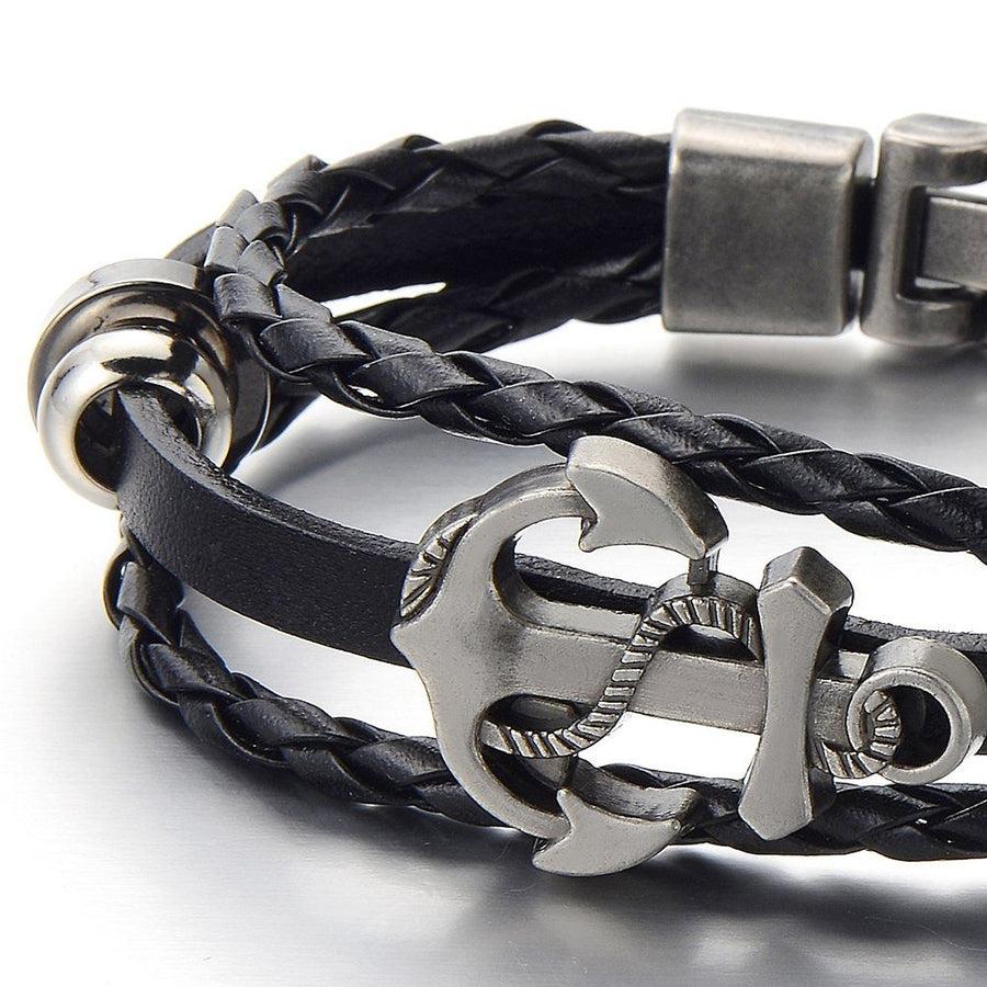Vintage ship anchor bracelet, multi-layer woven versatile cowhide bracelet, personalized pirate style leather bracelet