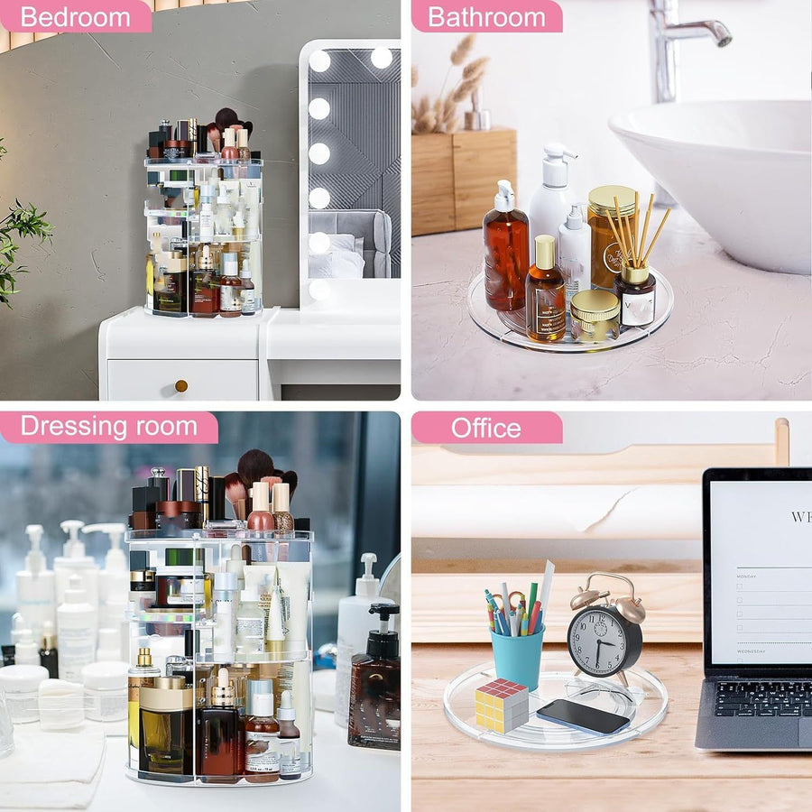 Rotatable Makeup Organizer Storage Box 360° Desktop Makeup Brush Holder Set with 3 Tier Round Cosmetic Display Stand