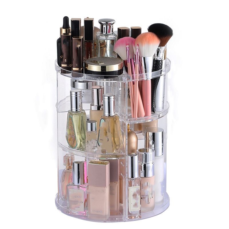 Rotatable Makeup Organizer Storage Box 360° Desktop Makeup Brush Holder Set with 3 Tier Round Cosmetic Display Stand