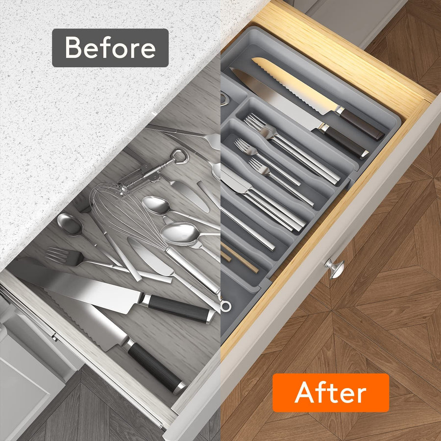 ware Drawer Organizer, Expandable Utensil Organizer for Kitchen Drawers, Adjustable Cutlery and Flatware Tray