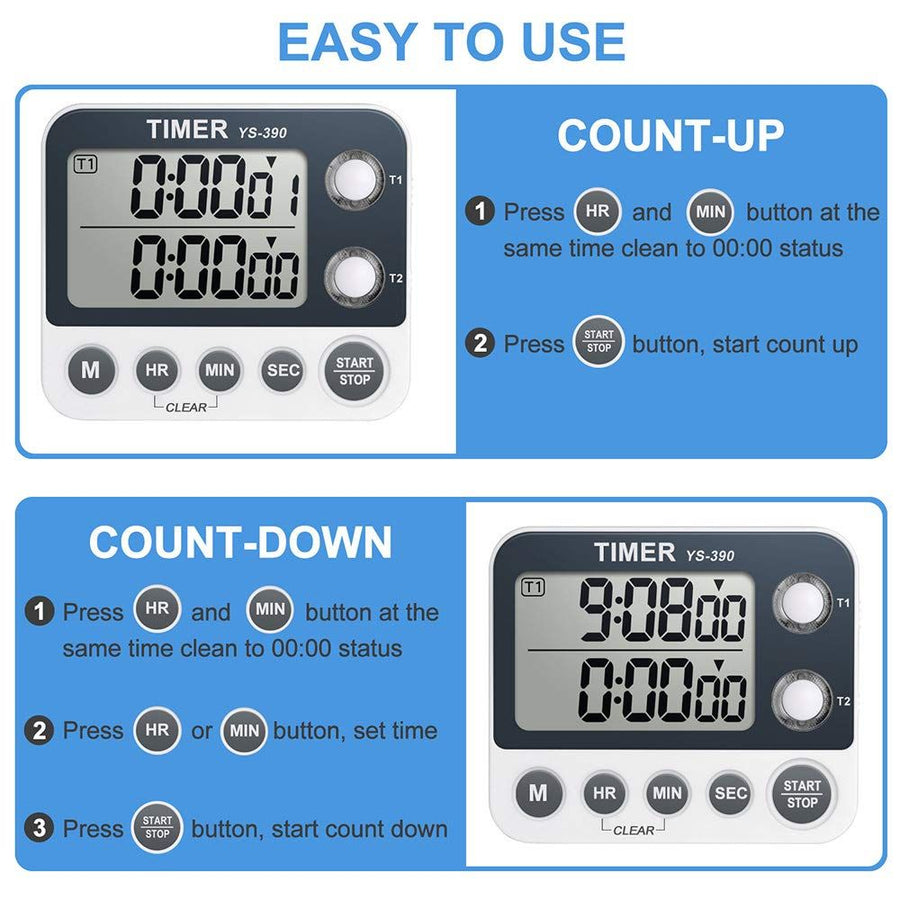 Digital Dual Kitchen Timer, Cooking Timer, Dual Count Up ＆ Down Timer with Magnetic Back, Large Display, Adjustable Volume