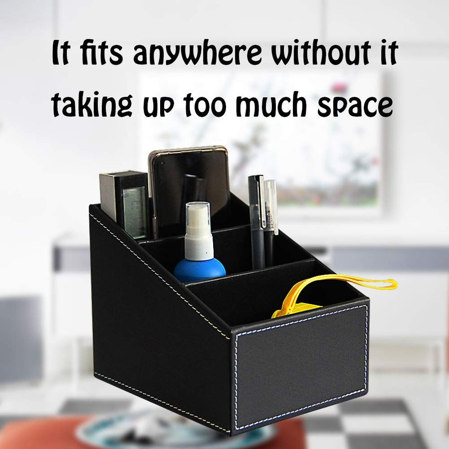 Remote Control Holder PU Leather Storage Container for TV Remote Phone Eyeglasses Desk Organizer （Black ）
