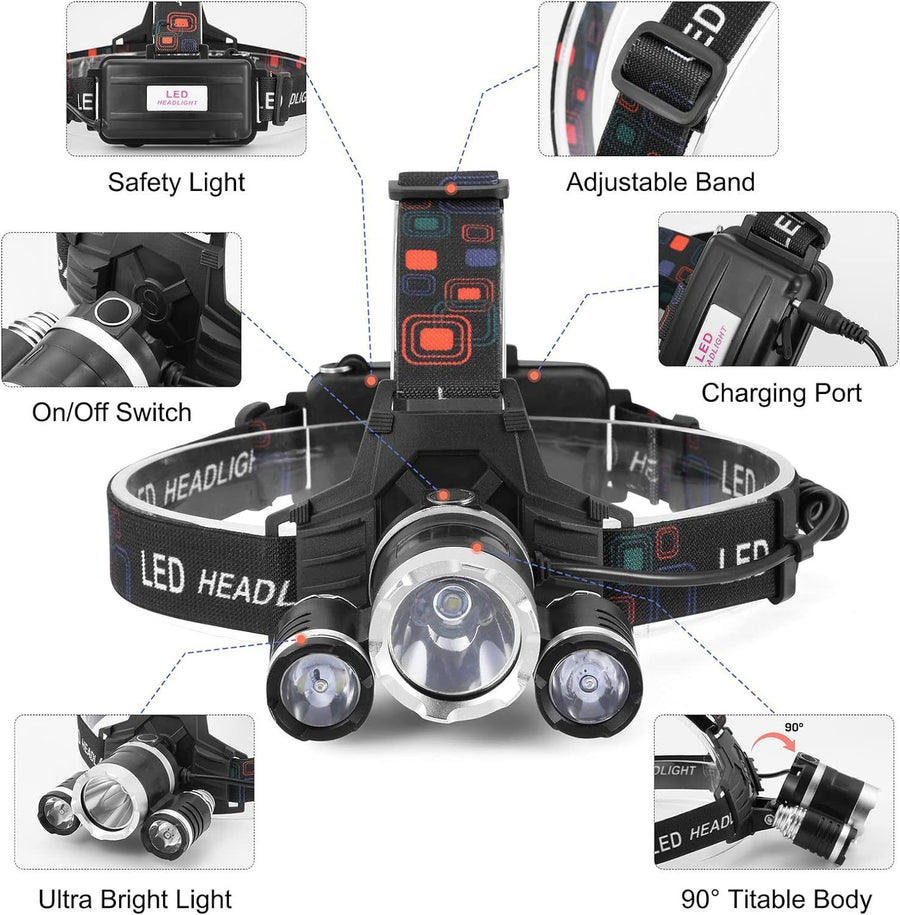 Headlamp Rechargeable LED Head Lamp Super Bright Outdoor Headlight Clips Waterproof Construction Hard Hat Head Light Adults