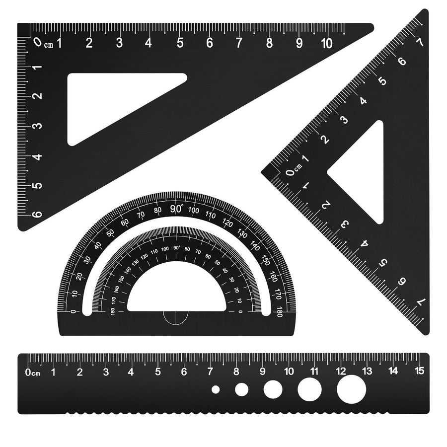 Triangular Ruler Set, 4 Pieces Aluminum Alloy Ruler, Geometric Protractor for Student,Draftsman, School Office Supplies(Black)