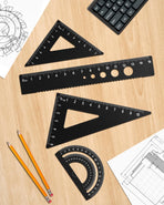 Triangular Ruler Set, 4 Pieces Aluminum Alloy Ruler, Geometric Protractor for Student,Draftsman, School Office Supplies(Black)