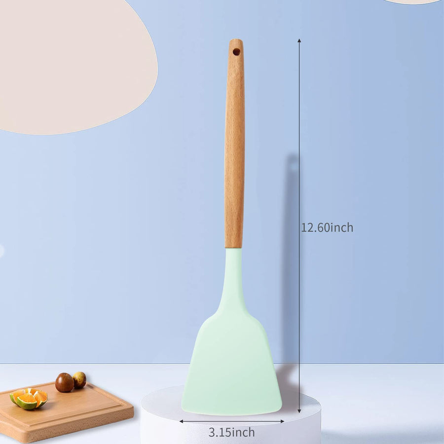 Silicone Solid Spatula with Wooden Handle, Heat Resistant and Non Stick Cooking Utensil, Kitchen Turner for Frying