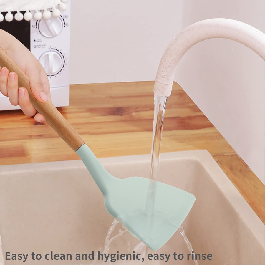 Silicone Solid Spatula with Wooden Handle, Heat Resistant and Non Stick Cooking Utensil, Kitchen Turner for Frying