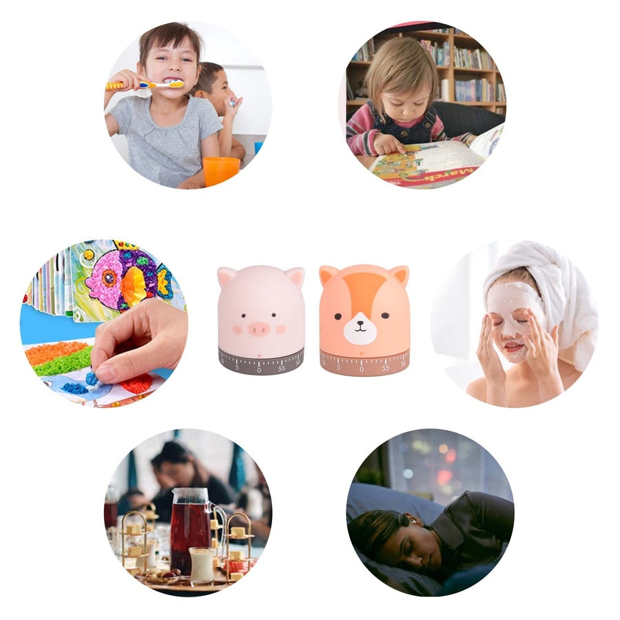 Mechanical Kitchen Timer with Cute Cartoon Rotating Countdown Loud Alarm Timer for Cooking/Reading/do Sports Time(Fox and Pig)