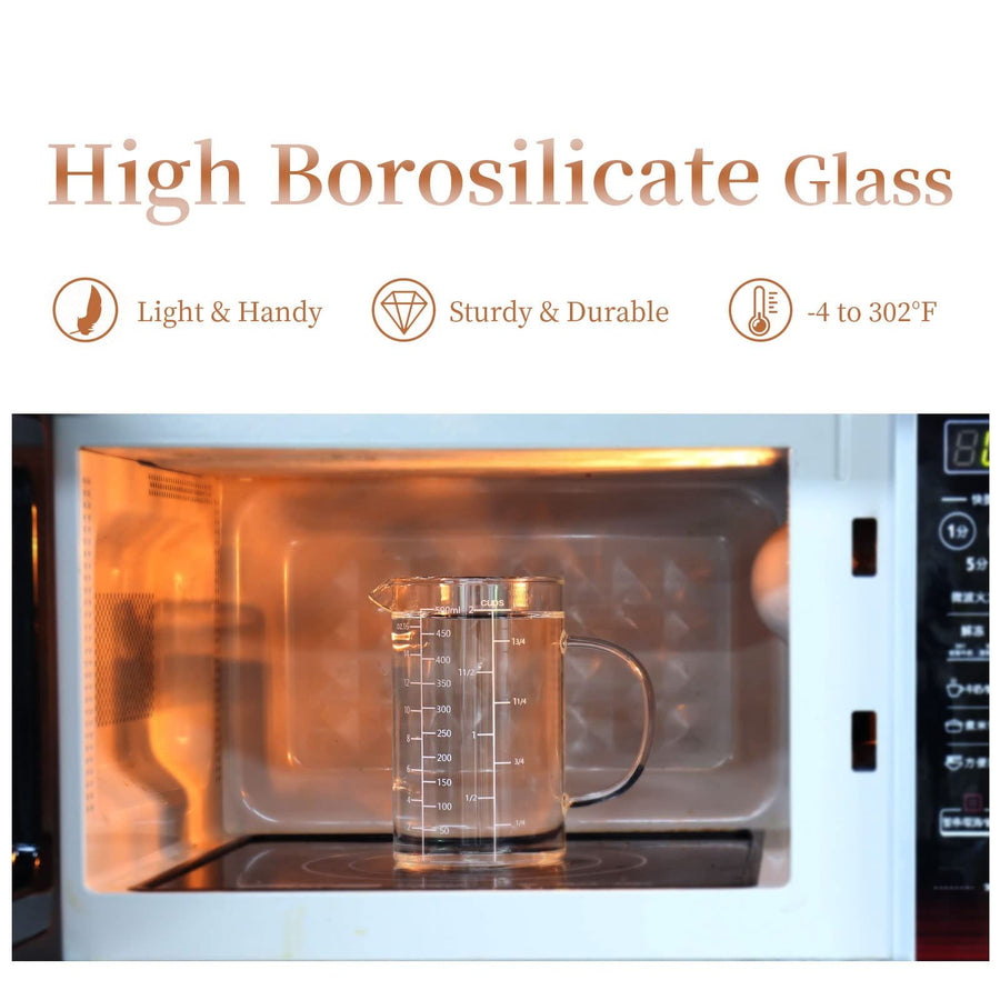 Glass Measuring Cup with Handle, 500 ML  Measuring Cup with Three Scales  Measuring Beaker for Kitchen or Restaurant, Easy to Read