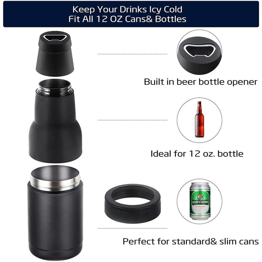 3 in 1 Beer Bottle and Can Cooler, Vacuum Insulated Double Walled Stainless Steel Cooler with Beer Opener (Black)