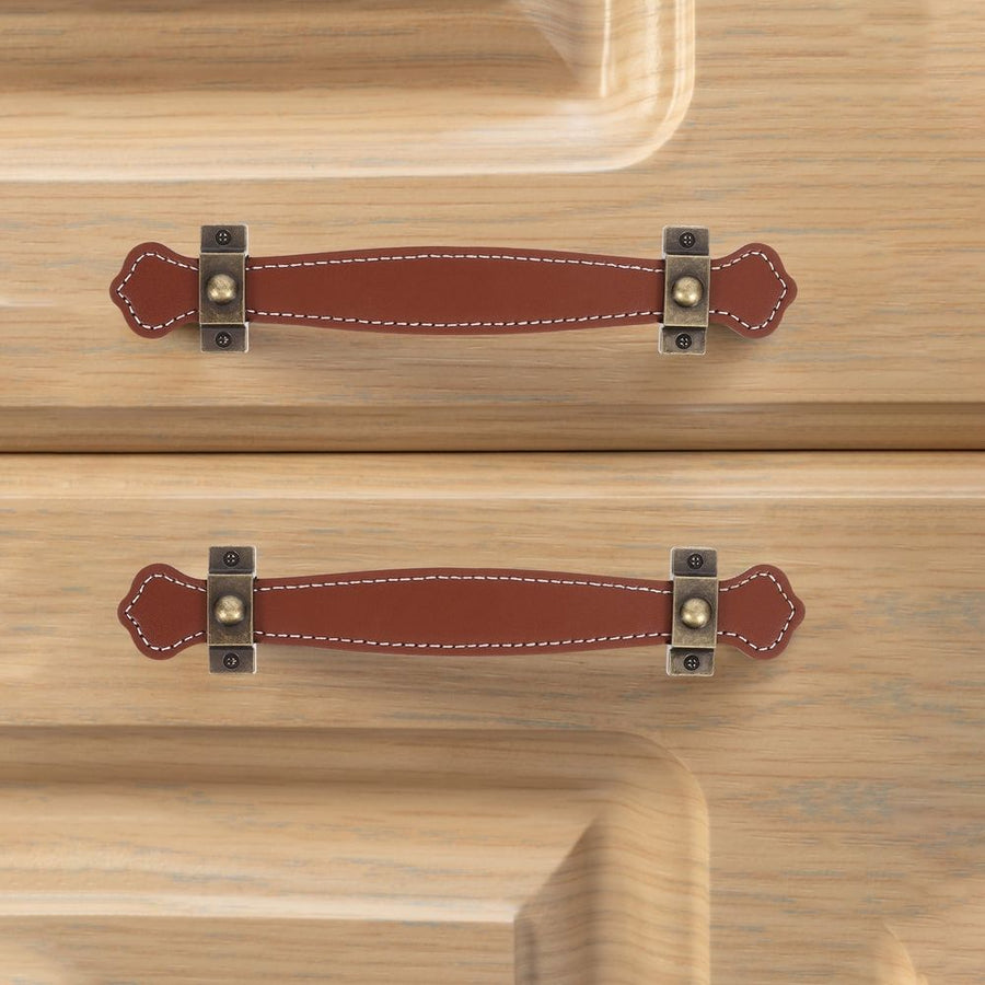 2Pcs Brown PU Cabinet Handles Vintage Style Handmade Door Pulls for DIY Projects